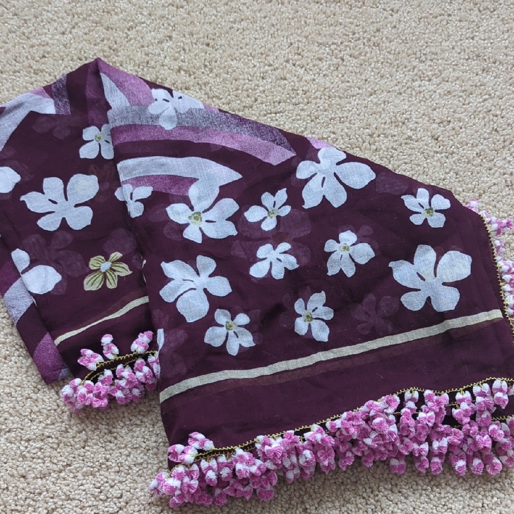 Floral Scarf with Pink Handmade Tassels
